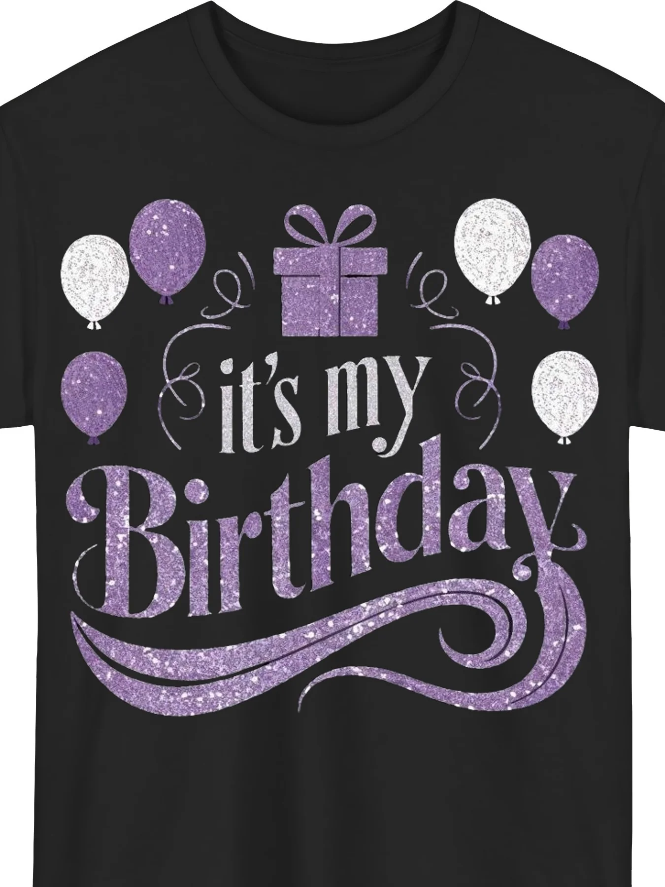 Men's Plus Size Happy Birthday T-Shirt| Casual Style Black with Purple Balloon and Gift Box Design, Round Neck Short Sleeve, Machine Washable, Very Suitable for Weekend Leisure and Daily Wear, PLUS SIZE