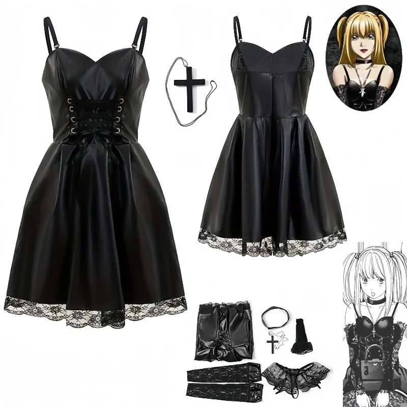 Misa Amane Cosplay Costume Women\'s Japanese Anime with Lace Trim Gothic Style Costume Imitation Leather Sexy Dress Halloween