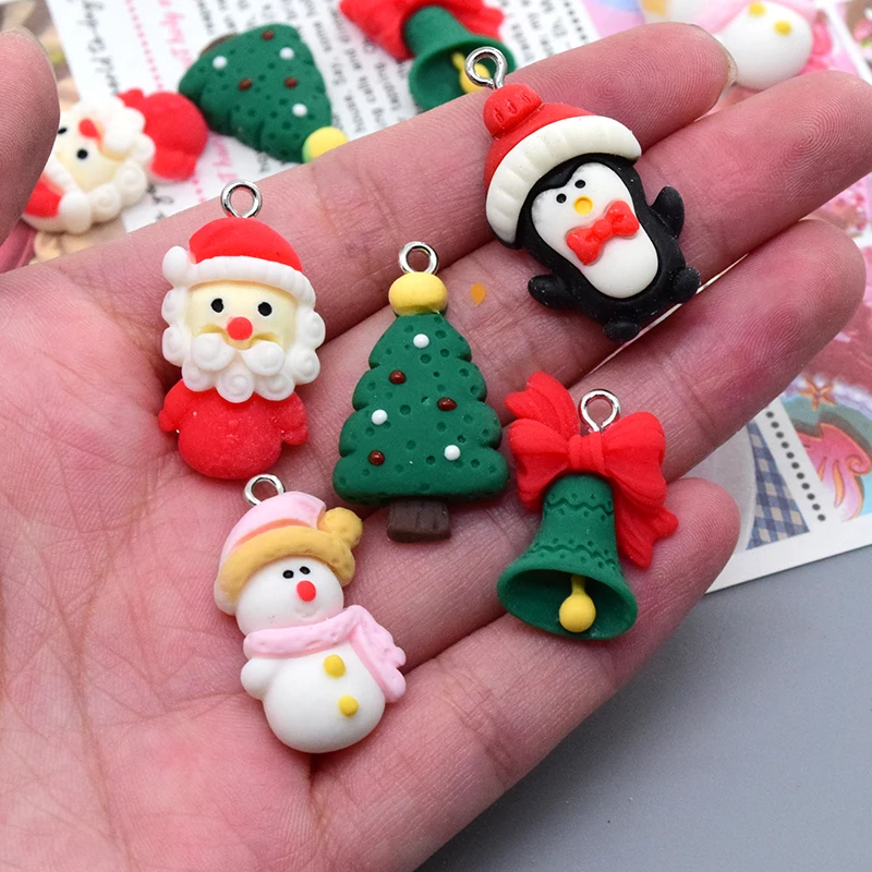 20pcs/lots Resin Flatback Christmas Charms Cute Bell Penguin Snowman Christmas Tree Earring Pendant Xmas Jewelry Diy Accessory