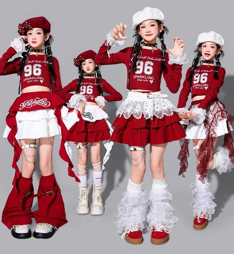 Hip Hop Girls Lovely K-pop Crop Top Street Dance Tiered Skirts Kids Streetwear Costumes Children Jazz Girl Group Clothes Sets