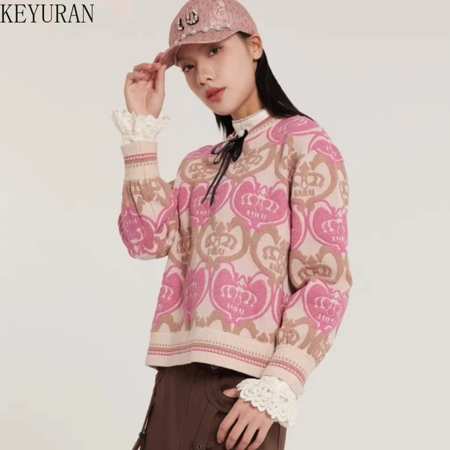 Women Knitted Sweater Soft Sweet Girls Pink Kawaii O-neck Long Sleeve Knitwear Tops Vintage Jacquard Pullover Sweaters Jumper