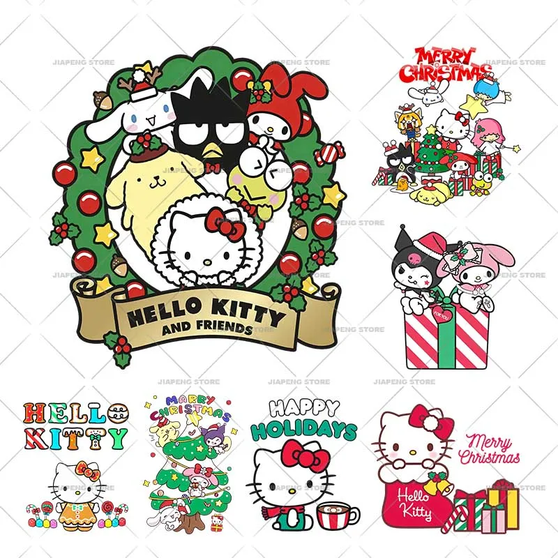 Hello Kitty Christmas Present Patches Iron on Heat Transfers For Clothes Sanrio Cute Design Kuromi Thermal Printed Stickers DIY