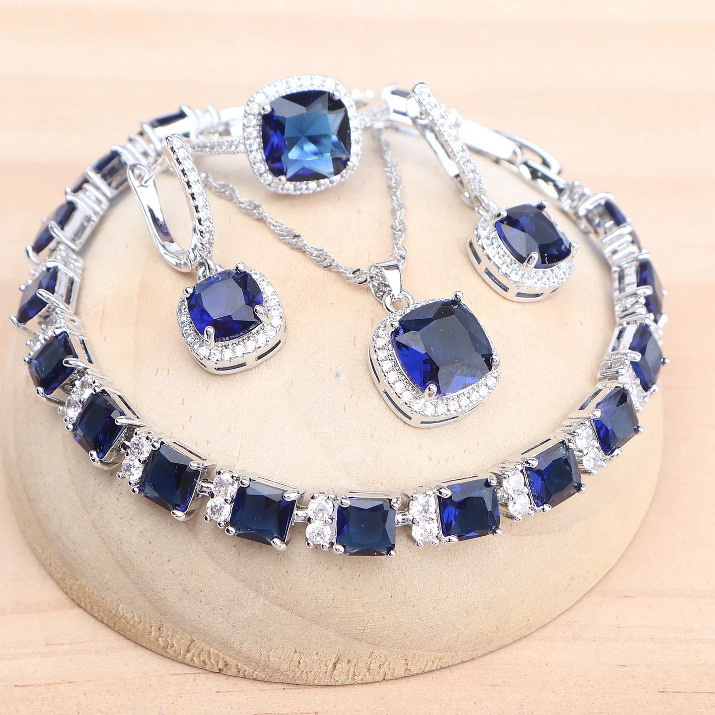 

925 Silver Women Bridal Jewelry Sets Blue Cubic Zirconia Wedding Earrings Rings Bracelets Pendant Necklace Set