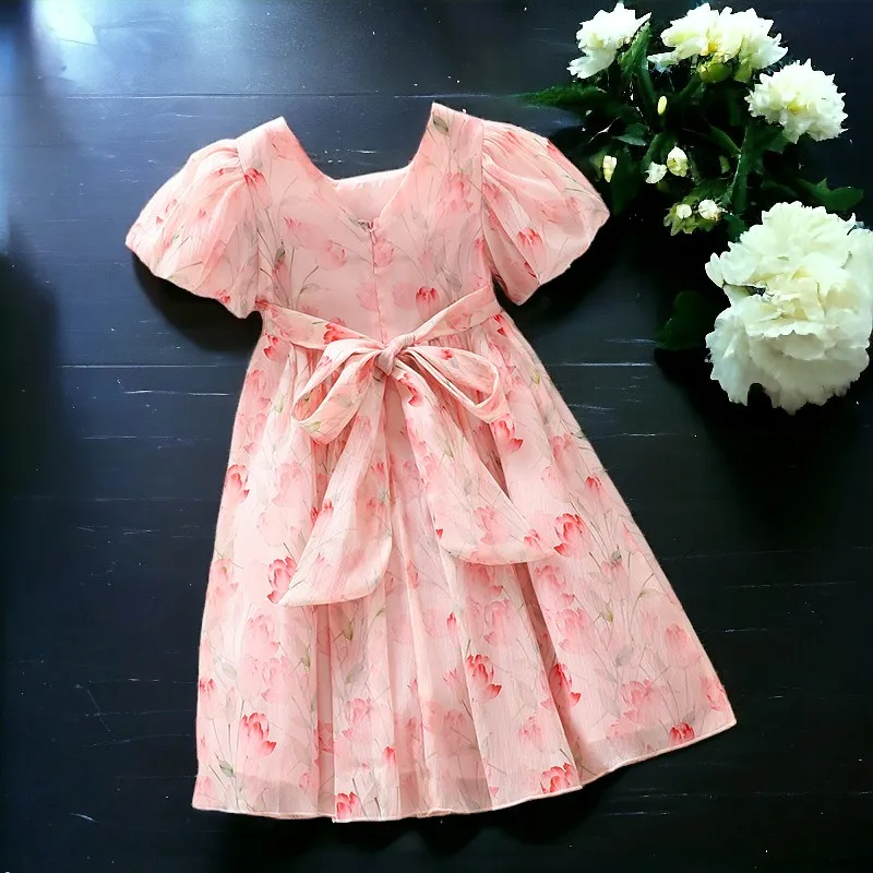 Summer Baby Girls Pink Princess Dresses Kids Outfits Flower Clothes Short Sleeve Dress Kids Party Costumes 6 8 9 10 11 13 Years