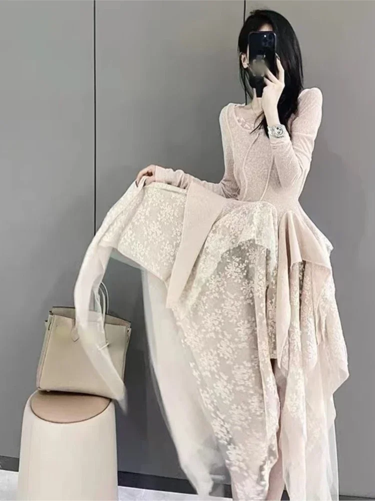 French Elegant Women\'s Vintage Dress 2022 Autumn Winter New Irregular Lace Splicing Evening Long Bridesmaid Party Dress