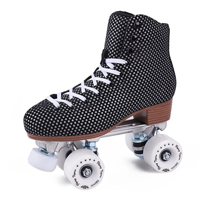 Black Suede Roller Skate, Double Row Quad Skate Shoes, Unisex Pro Sport Patines, Retro Sparkle Glitter Roller Skating Boots