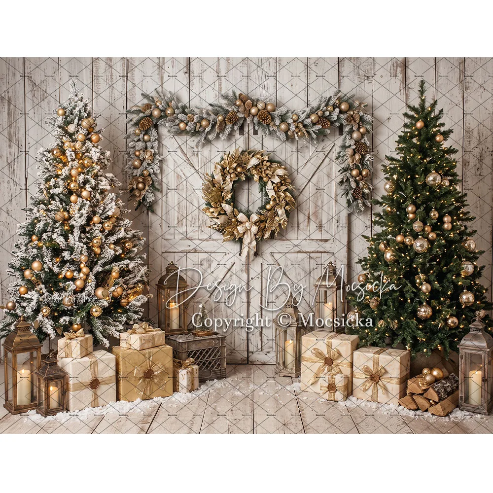 Mocsicka Rustic Christmas Wall Backdrop Photography Xmas Door Gold Gift Box Wreath Room Background Winter Family Studio Photo