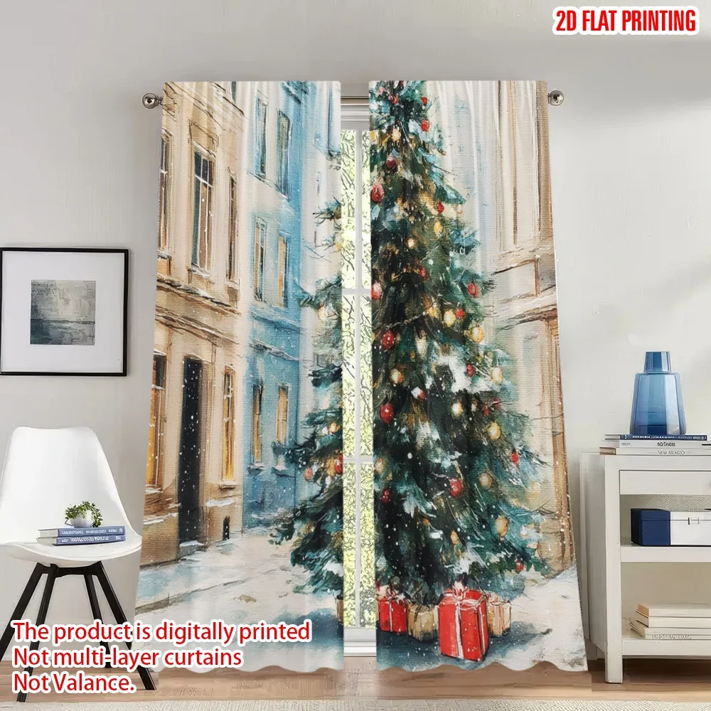 

2pcs 2D flat printing Classic Christmas Curtains Cozy Christmas Tree Scene Digital Printed Polyester Drapes Family Party Use for