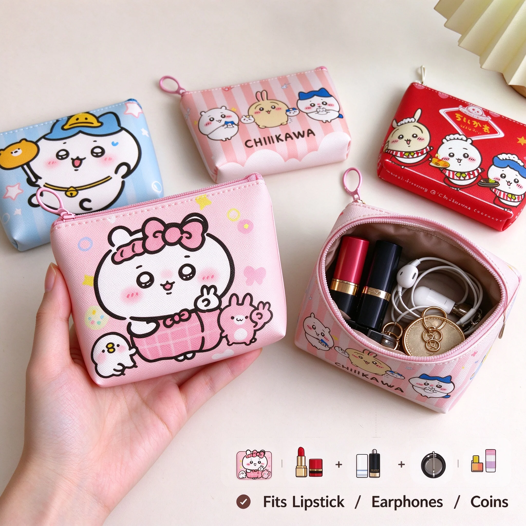 Kawaii Chiikawa Coin Purse Cute Anime Cartoon PU Leather Mini Zipper Wallet Earphone Storage Pouch Girls Birthday Gift