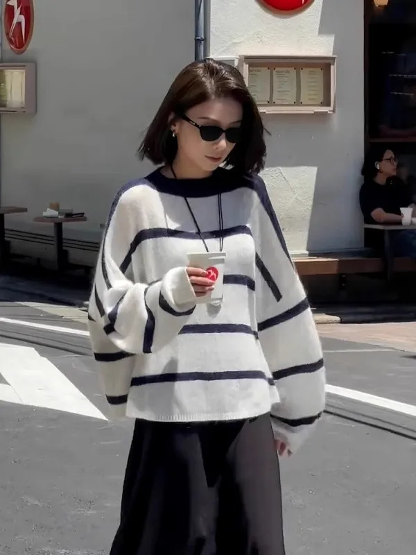 

Повседневный длинный вязаный свитер Sve, женский свободный крой, полосатый круглый необычный топ, удобная осенняя одежда