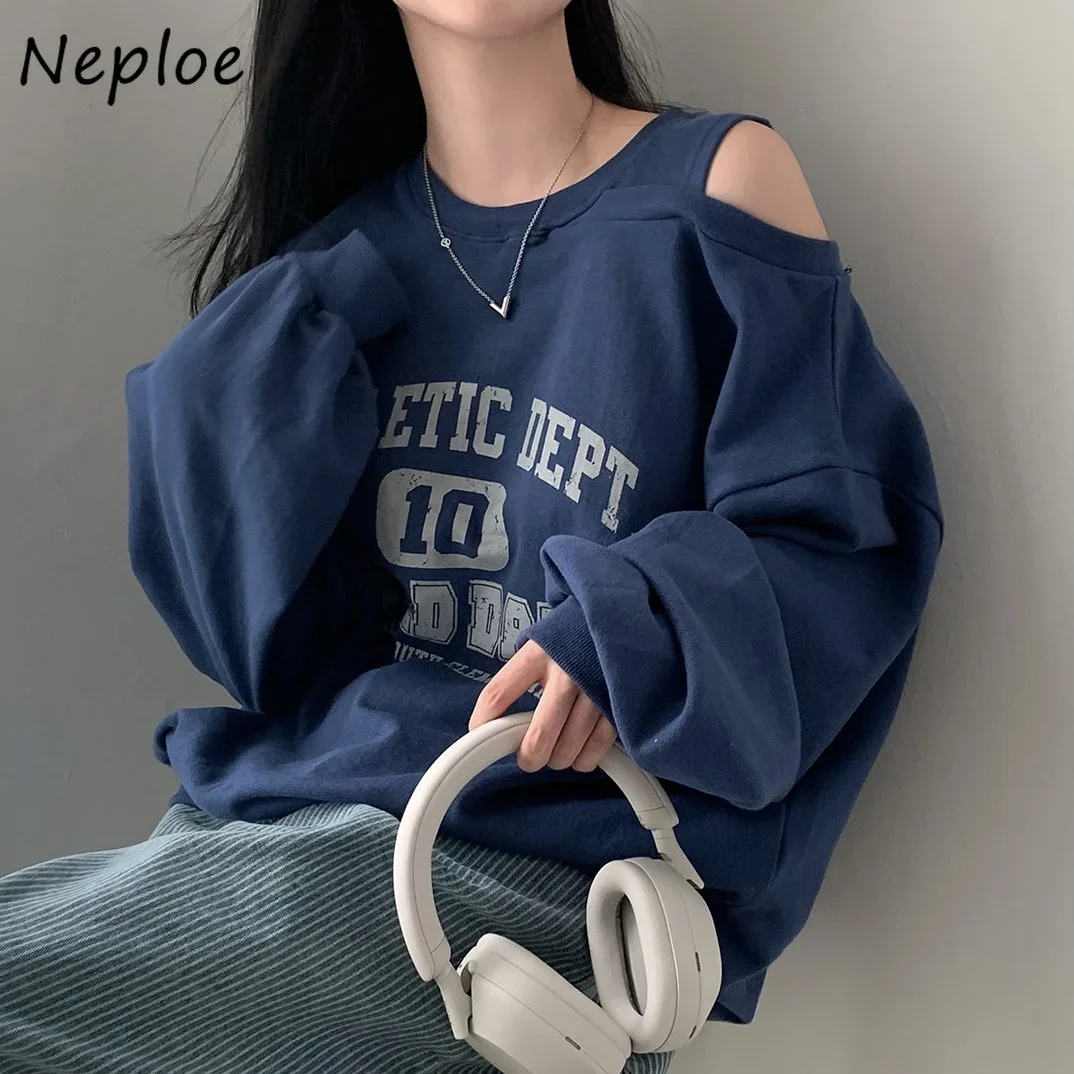 Neploe Loose Off Shoulder All-match Hong Kong Style Hooded Korea Chic Autumn Vintage Print Crop Top O Neck Commuter Sweatshirt