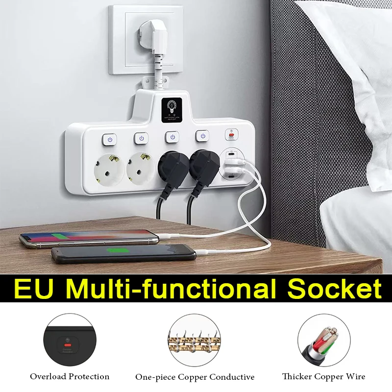 8 IN 1 Multi-functional Power Strip with Touch Tri-color Temperature Night Light Independent Switch Control Overload Protection