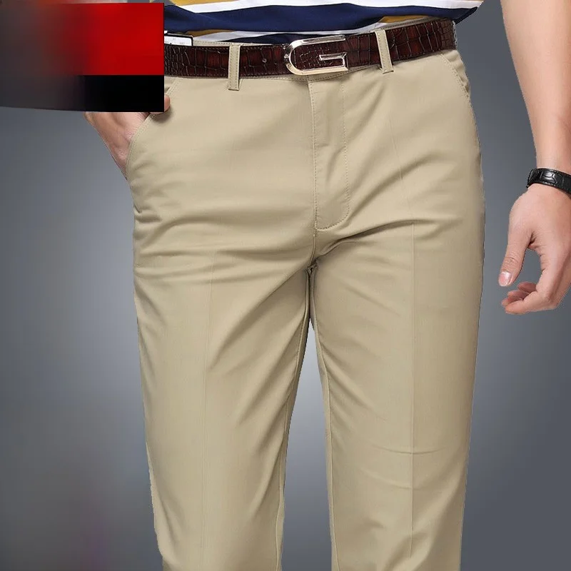 

Летние повседневные брюки из шелка и хлопка прямого кроя, свободные, тонкие, для работы, для мужчин среднего возраста, высококачественные, не требующие глажки, длинные