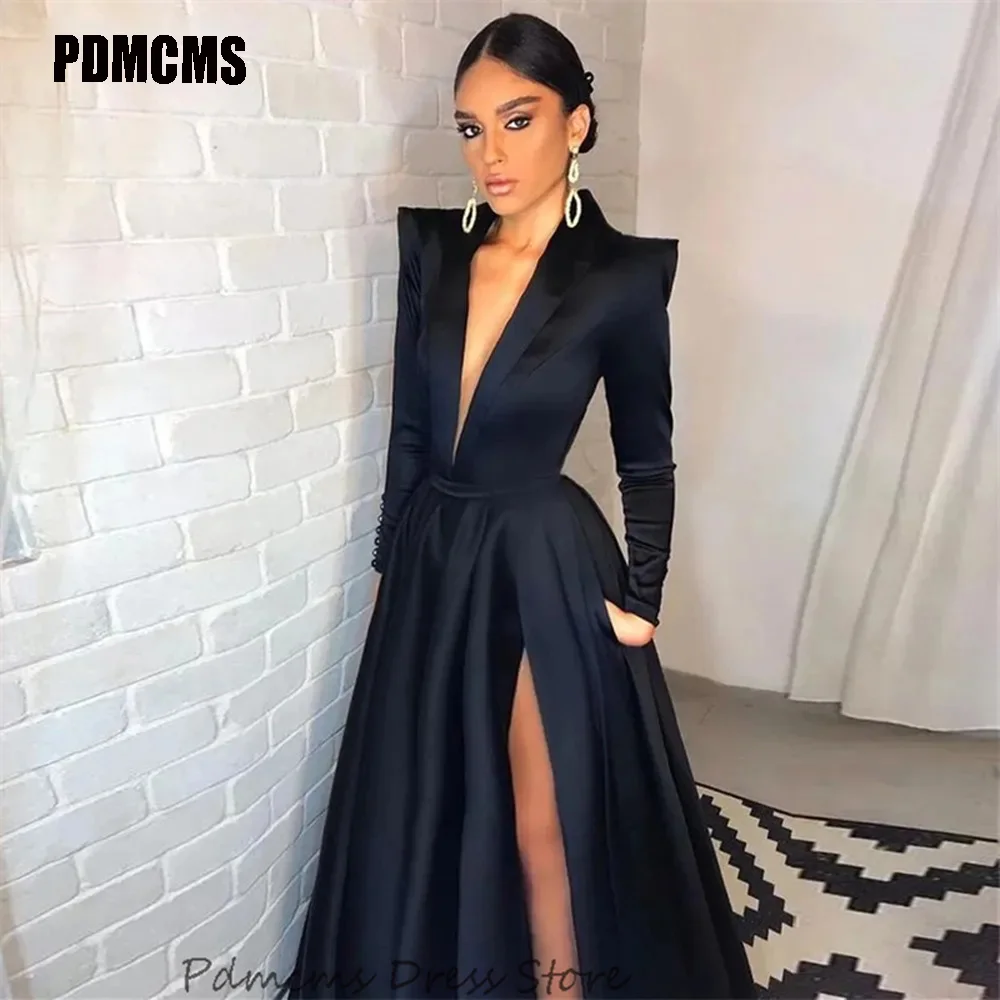 

SSYTENS Simple Black Long Meramid Evening Dresses Side Split V Neck Long Sleeves Formal Prom Dress Arabic Dubai Party Gowns 2024