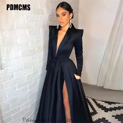 SSYTENS Simple Black Long Meramid Evening Dresses Side Split V Neck Long Sleeves Formal Prom Dress Arabic Dubai Party Gowns 2024