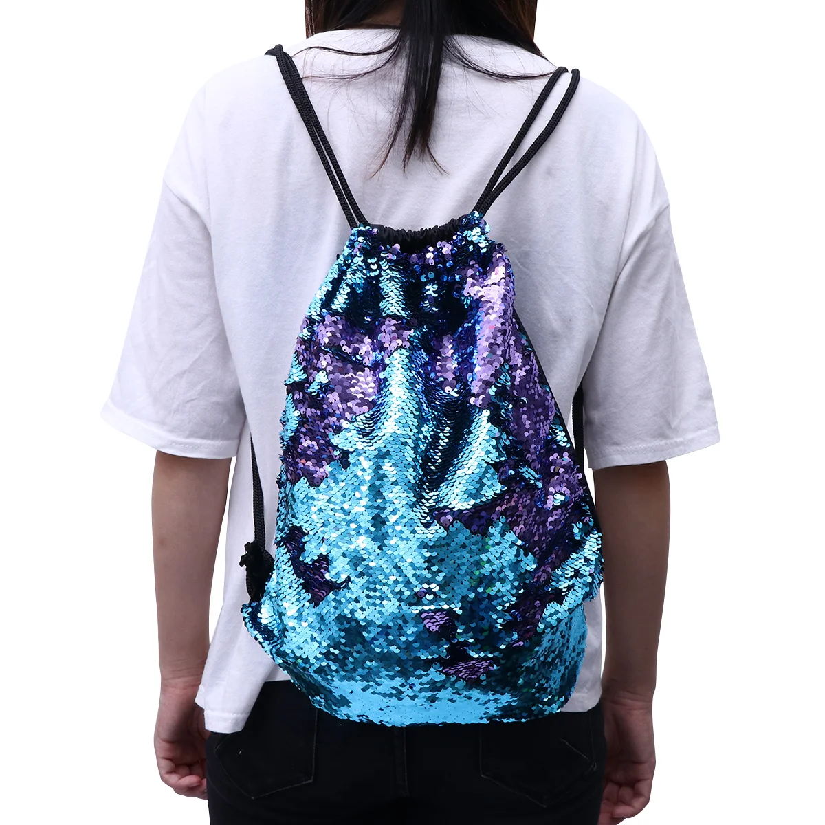 Sequin Backpack Blue Purple Premium Cloth Drawstring Bag Large Capacity Stylish Mermaid Dancing Beach Hiking Bag