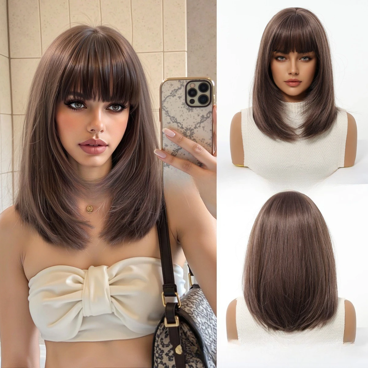 

Hot-selling bangs wig shoulder-length layering natural brown straight hair