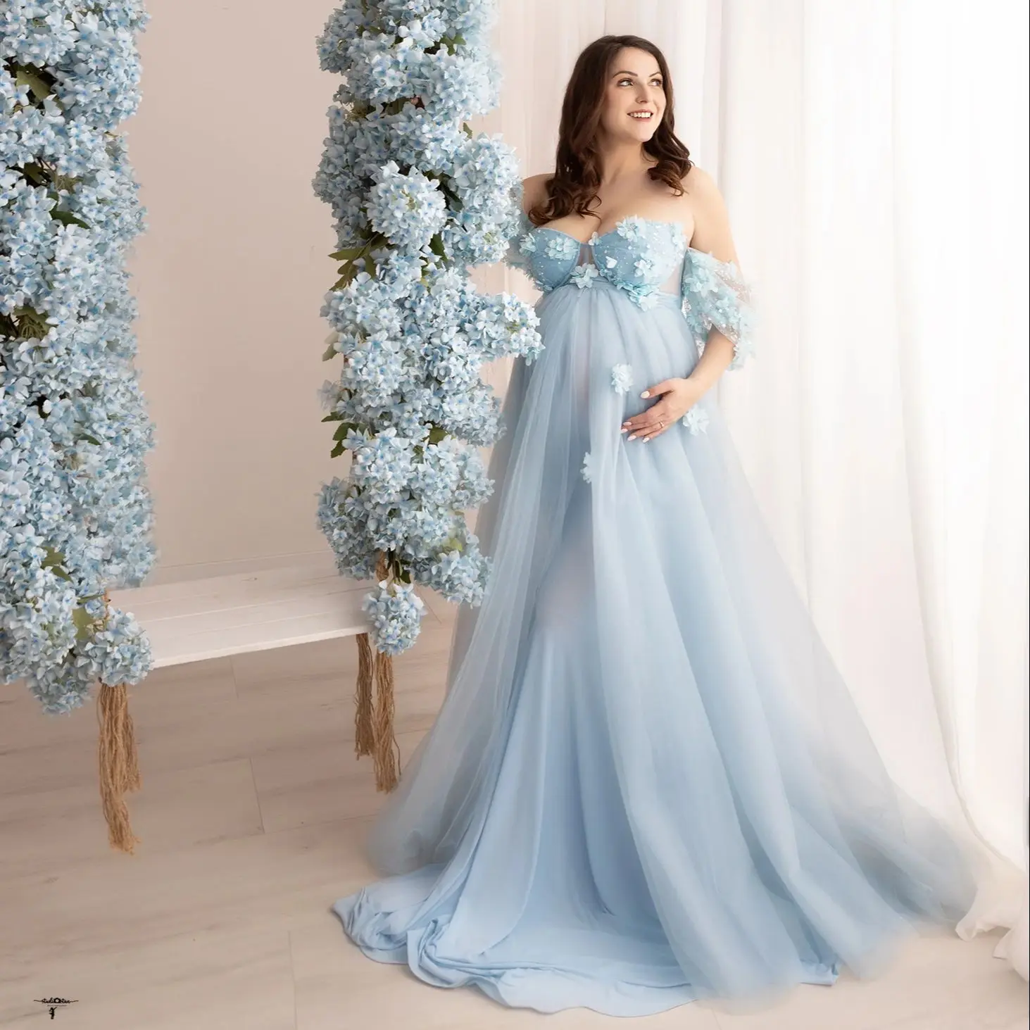 

Sky Blue Maternity Dress for Photography Customized Two Pieces Prom Gown Sweetheart 3D Flroal Appliques Pregnant Babyshower Robe