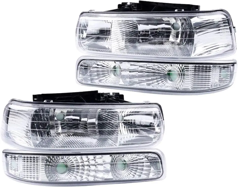 Headlight Compatible with Chevy Silverado 1999-2002 Chrome Housing Amber Corner Headlight Upper+Lower