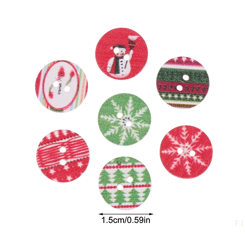 [YU]100Pcs/Pack 15MM Christmas Painted Tree Snowflake Snowman Wooden Buttons Holiday Decoration Red Green Wooden Buttons