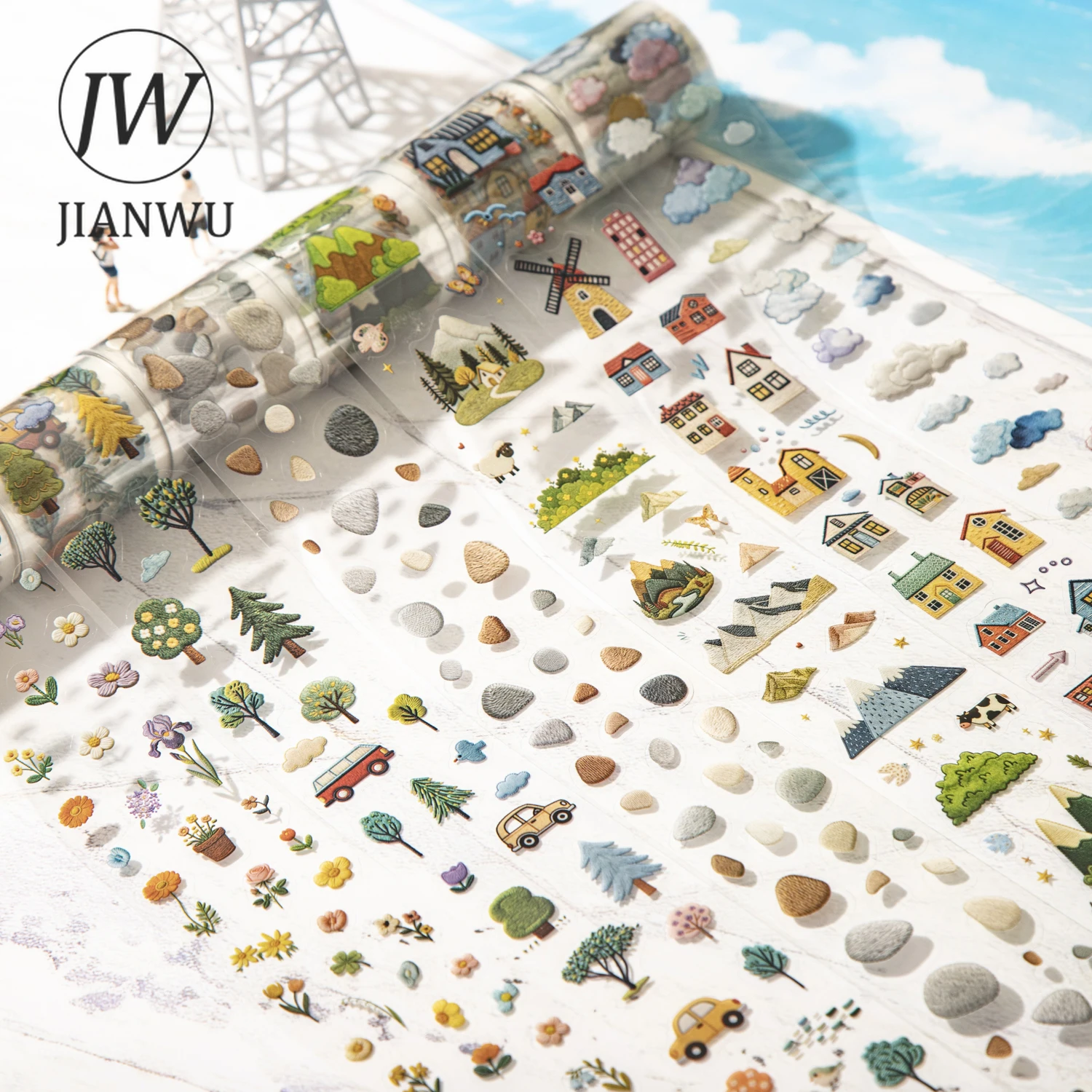 JIANWU Wandering of The Wind Series Vintage Tree Cloud Flower Landscape Material Collage PET Tape Creative Journal Stationery
