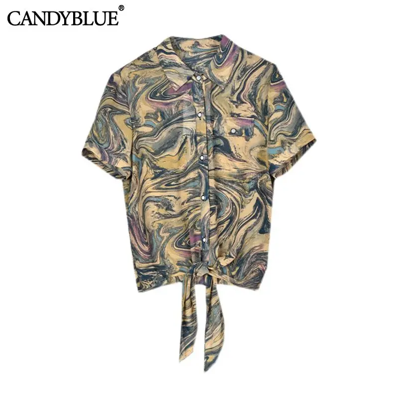 

Swirl Camouflage Print Chiffon Vintage Polo Neck Single-breasted Women's Blouse Shirt Short Sleeve Blouses Tops Female Clothing