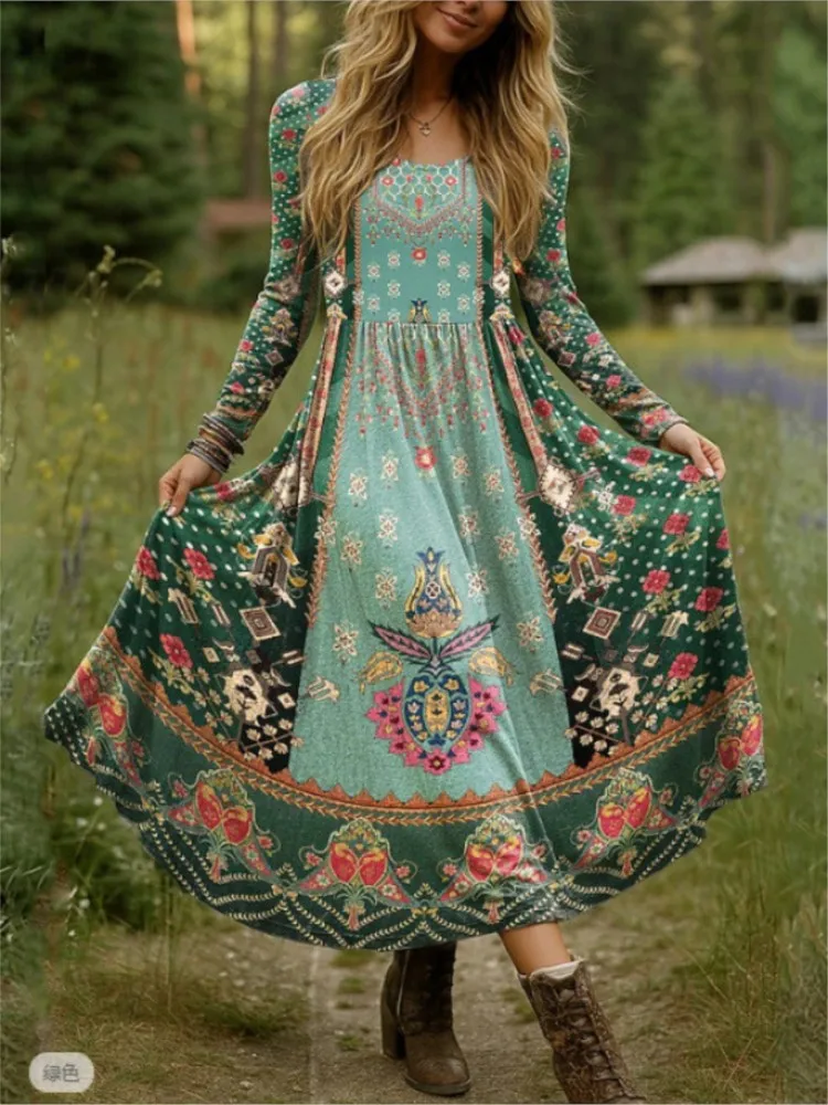 

Bohemian Vintage Printed Midi Dress For Woman Spring Autumn Fashion Long Sleeves A-line Loose Dresses Ladies Leisure Vestidos