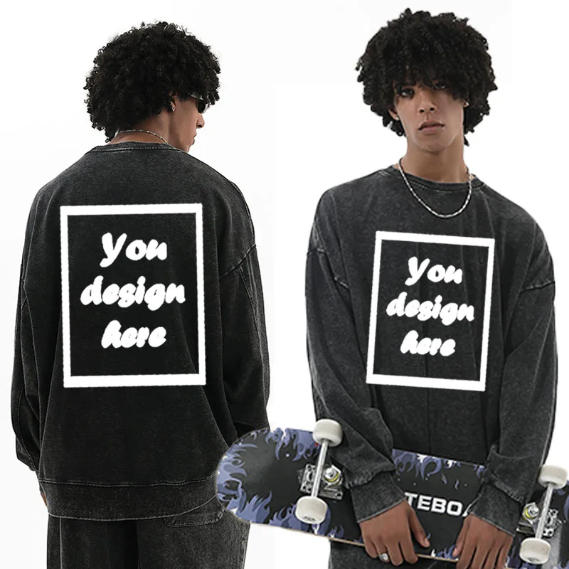 

Men's and women's custom LOGO cotton washed round-neck sportswear set - loose, retro hip-hop oversized sportswear set