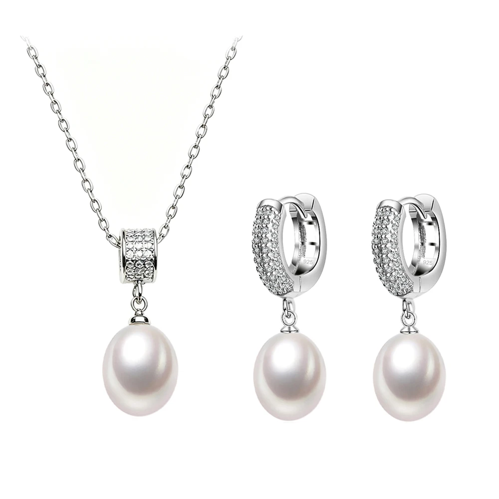 

Natural Freshwater Pearl Necklace And Earrings Set Woman,Luxury 925 Silver Pearl Jewelry Set Wife Mother Birthday Gift White