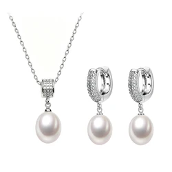 Natural Freshwater Pearl Necklace And Earrings Set Woman,Luxury 925 Silver Pearl Jewelry Set Wife Mother Birthday Gift White
