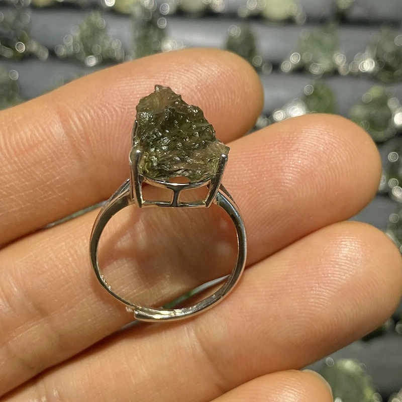 Unit One Piece 925 Silver With Natural Moldavite Rough Free Gemstone Jewelry Finger-Rings For Gift