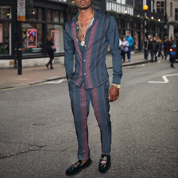 Mode Zomer Heren Casual Sportkleding 3d Print Gestreepte Patches Heren Revers Shirt Met Lange Mouwen Lange Broek Tweedelige Sets Kleding