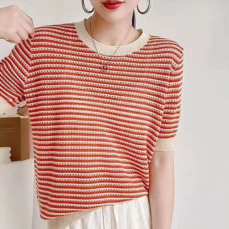 T Shirt For Women Knitted Hollow Out Thin Striped Tshirt Summer Tops Casual Round Neck Tee Shirt Femme T Shirts Womens Clothing