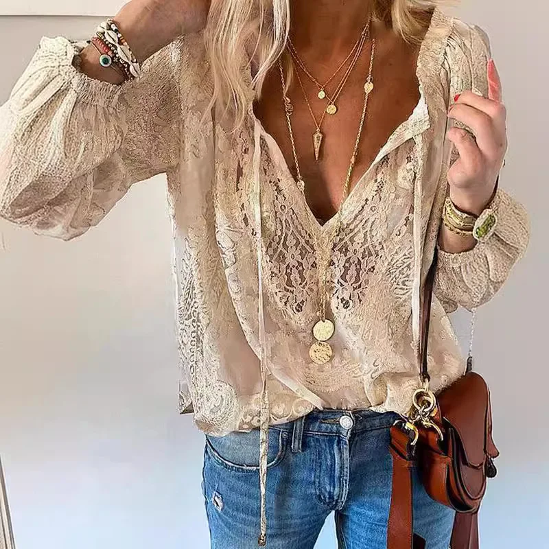 

2025 New Casual Solid Color Loose Pullover Elegant Temperament Lace Shirt