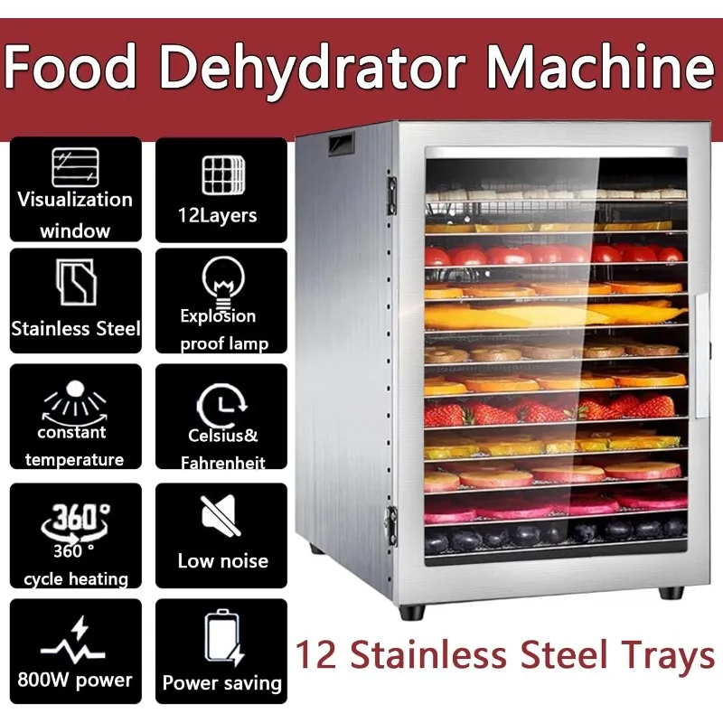 Food Dehydrator 12 Tray Stainless Steel, 68-194℉ Adjustable, 0~24 Hours Digital Time Control