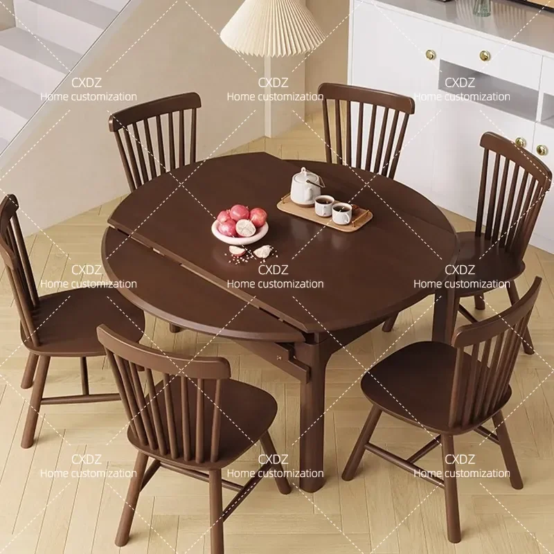 Nordic Solid Wood Retractable Dining Table Modern Simple Round Folding Rectangular Table for Small Apartment Household