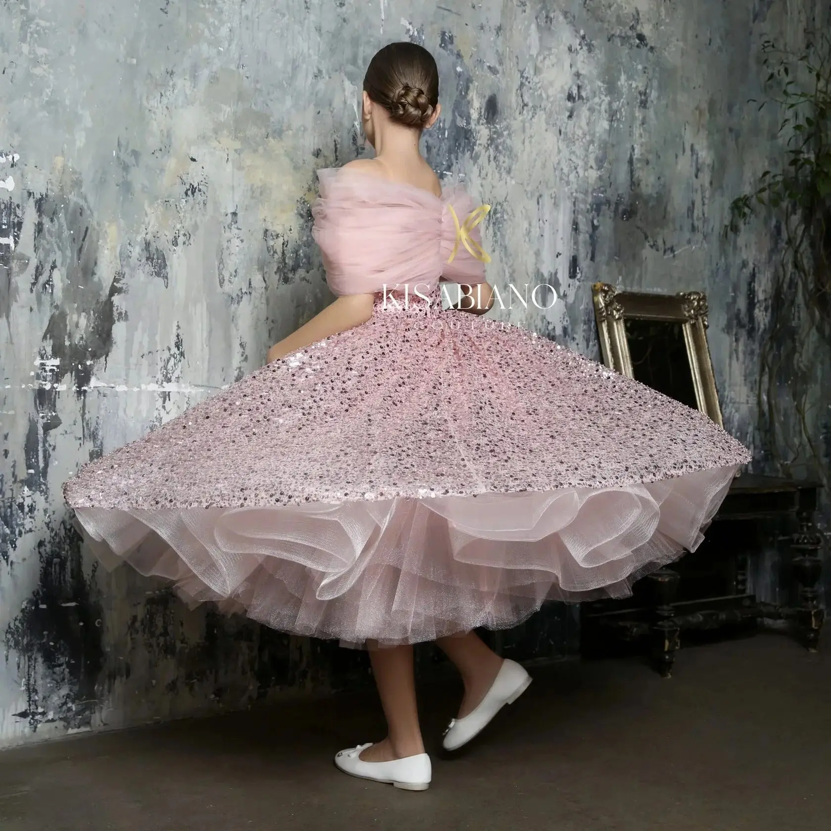 Pink Sequined Flower Girl Dresses Princess Ball Gown Girl's Birthday Party Dress Kids Pageant Gowns Customized