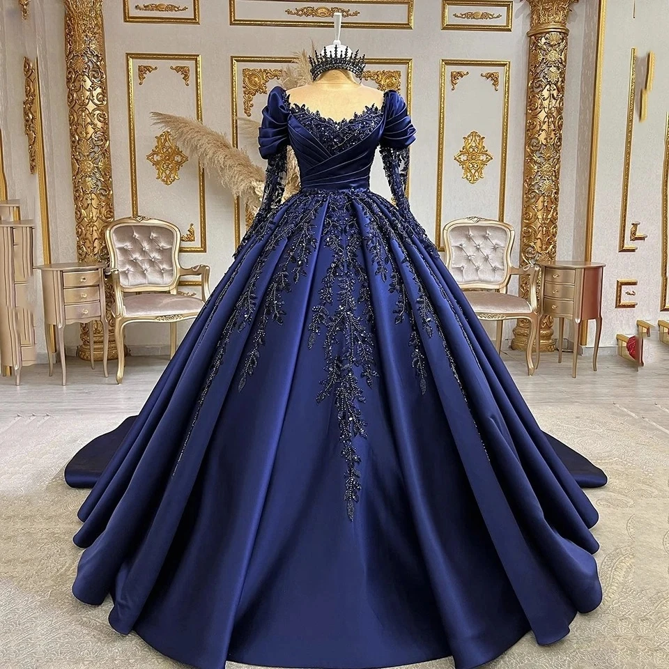 

Luxury Muslim Navy Blue Evening Dresses Long Sleeve High Neck Beading Applique A Line Satin Formal Prom Gown Wedding Party Dress