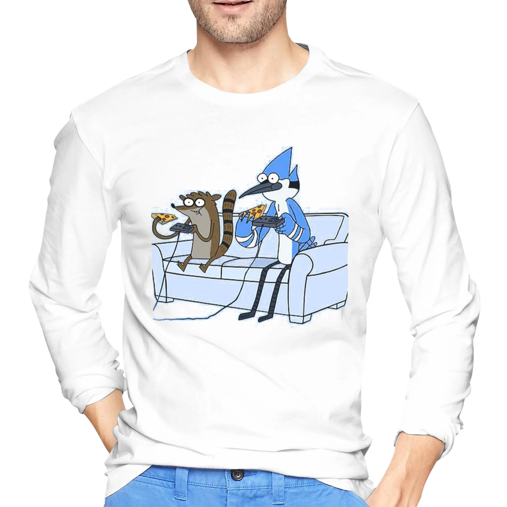 

Mordecai and Rigby Pizza and Video Games Мужская футболка с длинными рукавами Модные футболки с круглым вырезом Весенние и осенние мужские топы