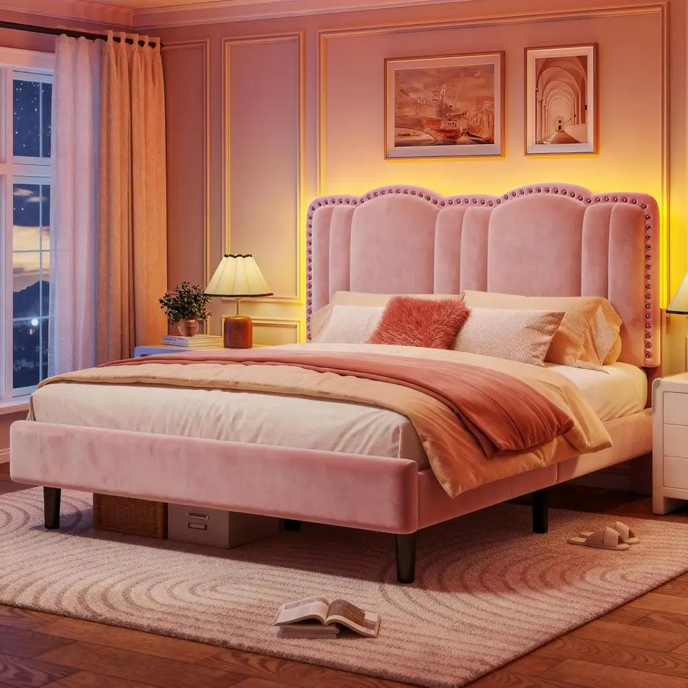 Queen Size Bed with LED, Velvet & Adjustable Cloud Board, Strong Support, Noise-Free, No Box Spring Needed, Easy Assembly, Pink