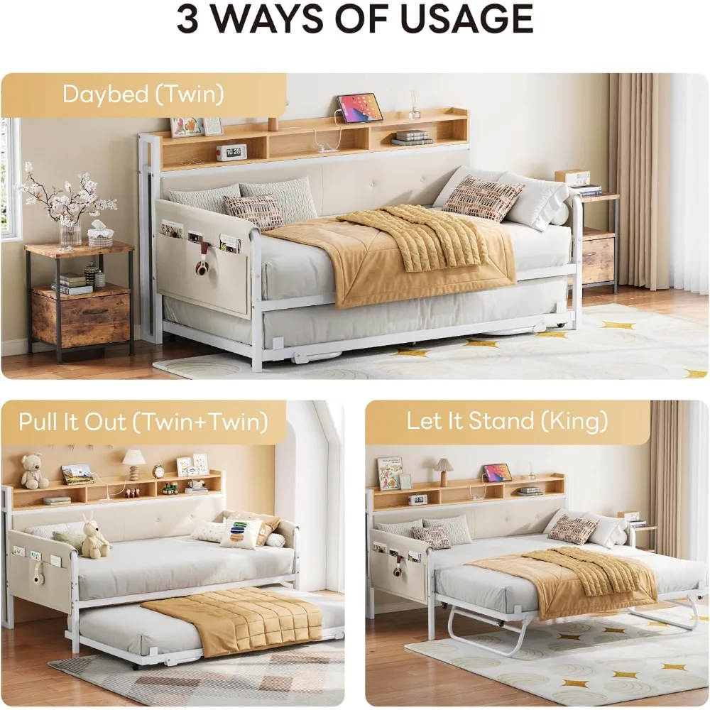 Sofá cama con nido, estructura de cama doble con cabecero tapizado y estación de carga, sofá cama con soportes fuertes