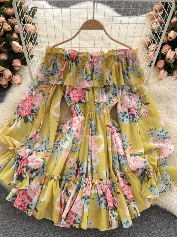 Beach Jumpsuit Romper Women Summer Slash Neck Sexy Off Shoulder Bubble Sleeve Slim Chiffon Printed Floral Shorts Pants Playsuits