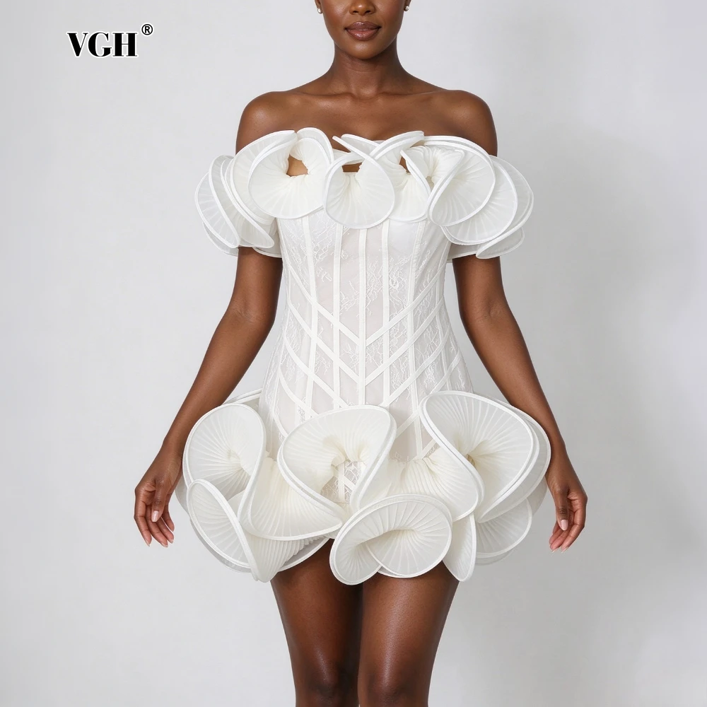 VGH Romantic 3D Folds Mini Women Dresses Strapless Sleeveless Elegant Fitted Dress for Party Evening Outing Wear Fashion Summer