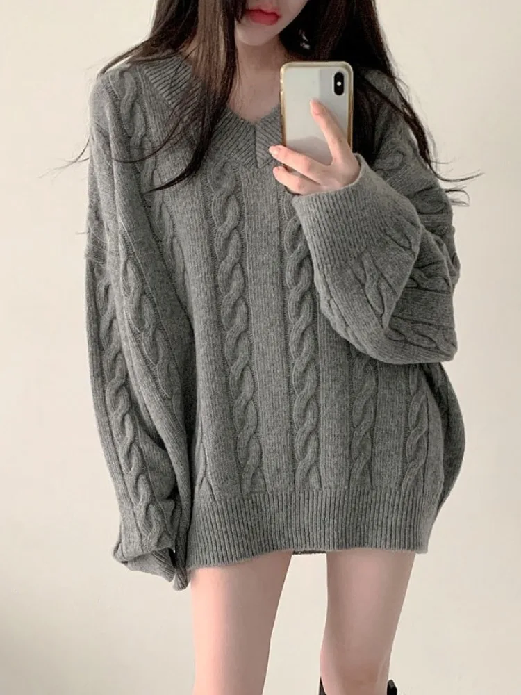 

Шикарный свободный женский трикотажный свитер Lazy Sle, осень-зима, тонкий простой дизайн, пряжа с v-образным вырезом, длинный топ све