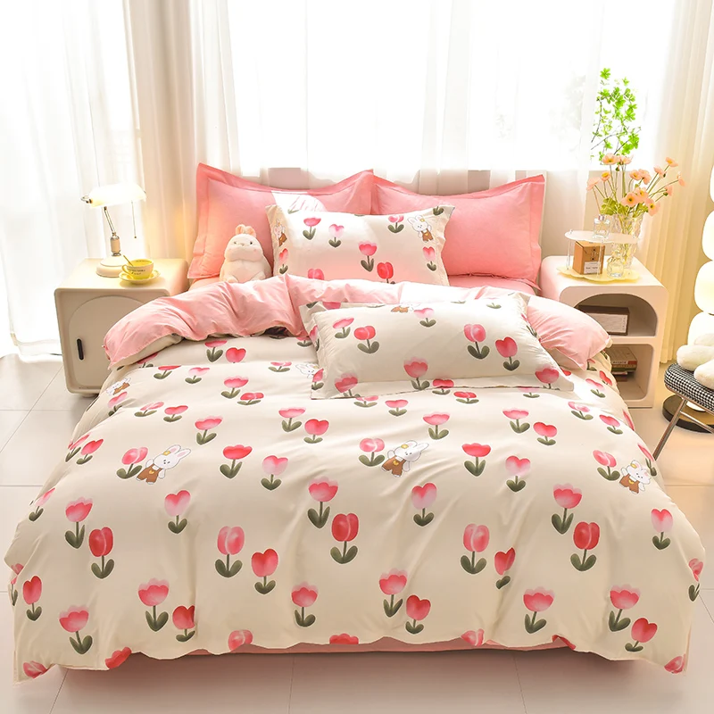 Sweet Fresh Tulip Rabbit 4Pcs Bedding Set Floral Print Duvet Cover Bed Sheet Pillowcases Soft Cozy Home Bedroom Decoration