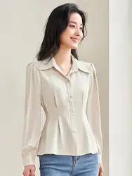 Commuting Comfortable Chiffon Shirt for Women New Spring Temperament Waist Cinched Skirt Top Versatile Design Sense Small Shirt