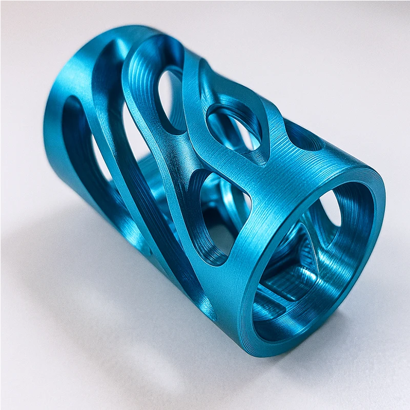5-Axis CNC Machined Topology Optimized Aluminum Sleeve, Blue Anodized Lightweight Hollow Bushing OEM 5-Axis CNC Machining