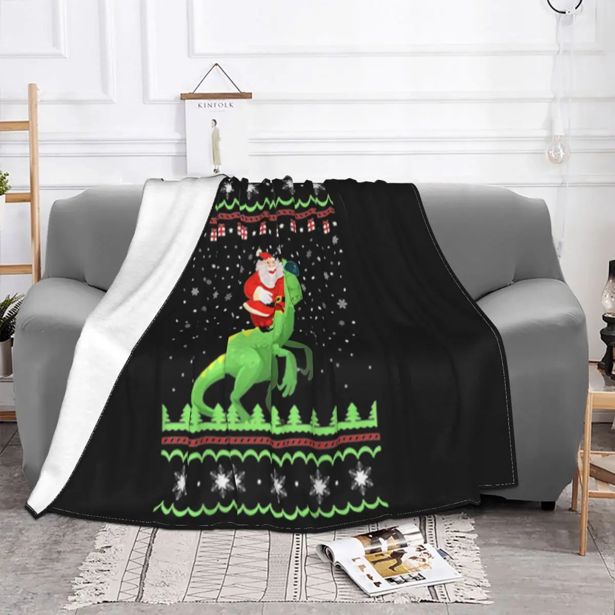 Premium Santa Riding Trex Dinosaur Gifts Dino Ugly Christmas Summer Style Cotton Goth Throw Blanket