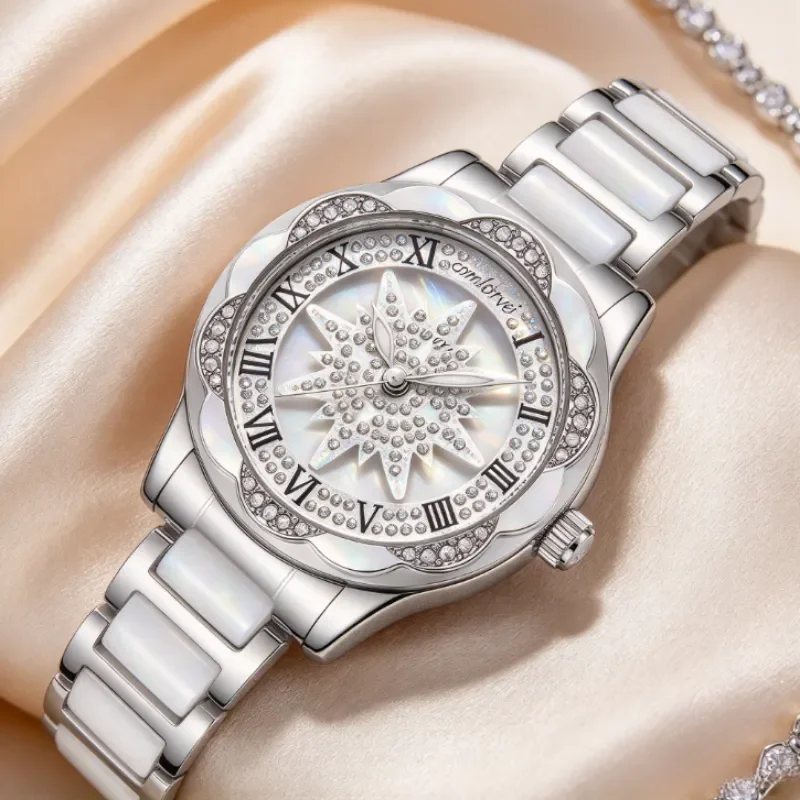Elegant Star Zircon Ladies Watch, MOP Shell Dial Quartz Watch, Ceramic Steel Band Bling Wrist Watch for Daily & Party