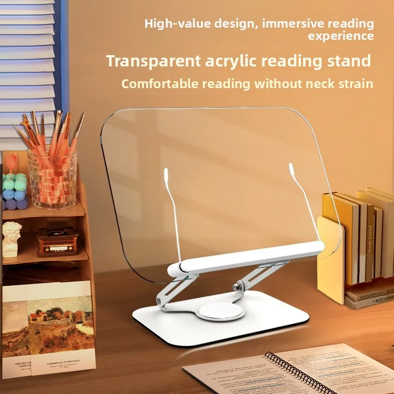 Book Stand for Reading, Adjustable Book Holder with 360° Rotating Base & Elastic Page Clips, Foldable Cookbook Stand for Office